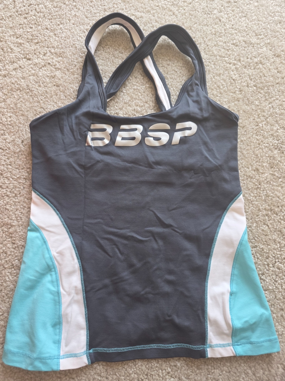 bebe Y2K Gray, White & Aqua Racerback Tank Size Small